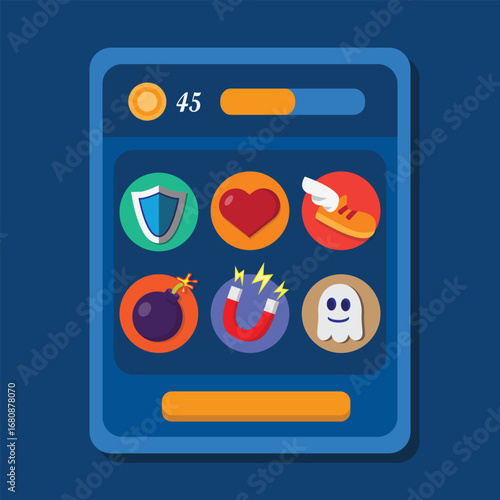 Colorful set of mobile game power-up icons in flat cartoon style. Includes shield, heart, shoe, bomb, magnet, and ghost. Perfect for casual or RPG games, UI design, and digital app assets.