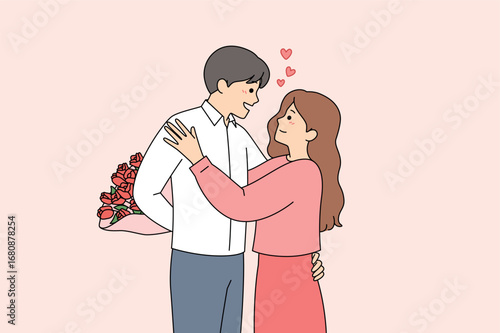 An enchanting illustration of a romantic couple embracing, surrounded by beautiful flowers