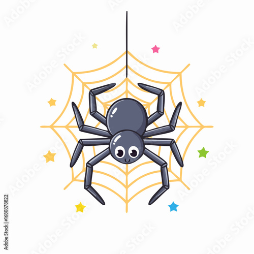 Cute cartoon spider character hanging from a thread on a yellow web with colorful stars. Cheerful arachnid illustration isolated on white