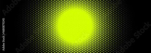 Hexagon Background Glowing Honeycomb Pattern In Yellow Black Colors for AI, Tech Digital Forum and Conference Ad Presentation. Hexagonal Modern Texture. Halftone Gradient Backdrop. Vector Abstract BG