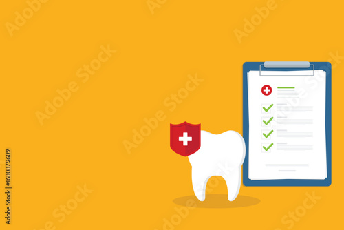 Dental insurance, dental care concept. Dental insurance form, tooth and shield , flat design graphic elements	