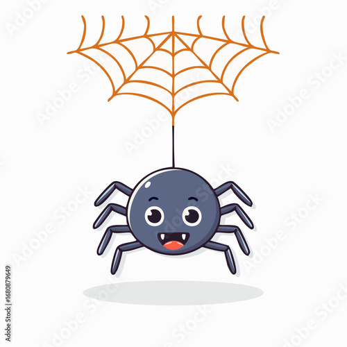 Cute happy cartoon spider character hanging from an orange spiderweb. Adorable smiling arachnid illustration for Halloween or children's design