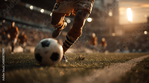 Dynamic shot of a soccer player about to kick the ball on a well-lit stadium field during a match.