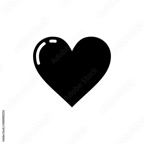 A simple, solid black heart shape with a white highlight, isolated on a white background.