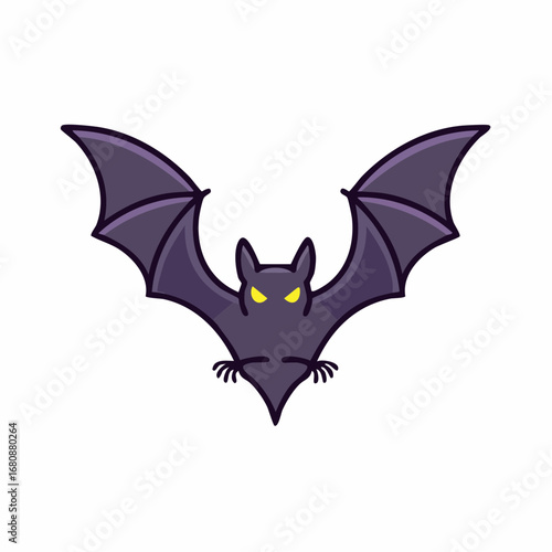 A stylized purple bat illustration with glowing yellow eyes, perfect for Halloween designs and spooky themes. Isolated vector graphic of a flying nocturnal animal
