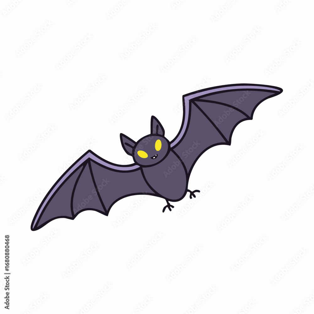Fototapeta premium Adorable flying purple bat with bright yellow eyes, a simple vector illustration for a festive Halloween concept