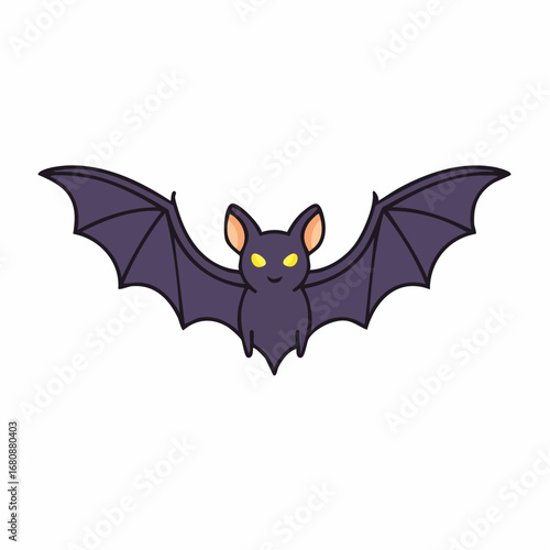 Cute cartoon bat illustration for Halloween, featuring glowing yellow eyes and outstretched wings against a white background