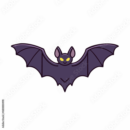 Cute purple cartoon bat with glowing yellow eyes, spreading its wings in flight. Simple vector illustration isolated on a white background, perfect for Halloween designs