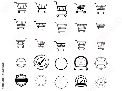 Enhance Your Website's Credibility with this New Vector Silhouette Icon Set, Showcasing Different Shopping Carts and a Guarantee of Authenticity.