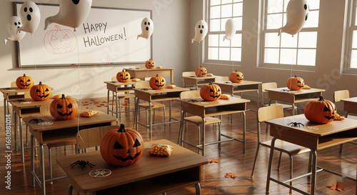Classroom decorated with pumpkins and ghost balloons, festive Halloween school concept