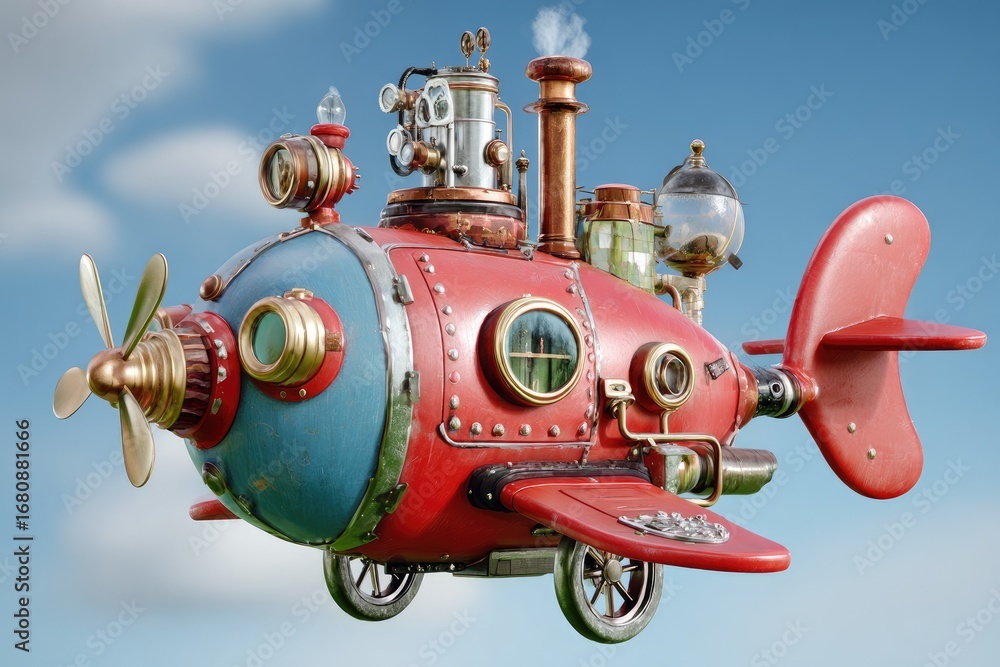 Fototapeta premium Steampunk airship, red and blue, flying