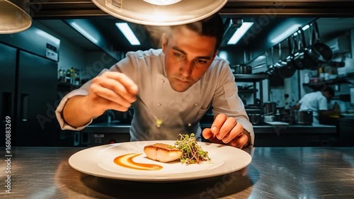 Professional Chef Plating Gourmet Fish Dish in a Modern Kitchen