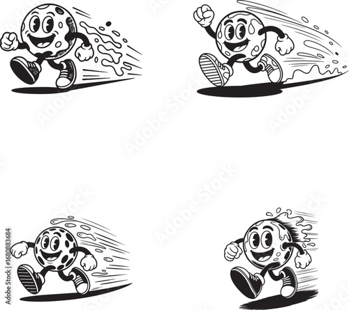 A fun, fast-moving mascot character in a classic cartoon style. This energetic, spherical character with a friendly face is depicted in various running poses with motion lines, perfect for logos, 
