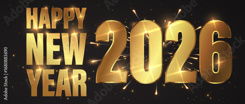 Happy New Year of glitter gold fireworks. Vector golden glittering text and 2026 numbers with sparkle shine for holiday greeting card