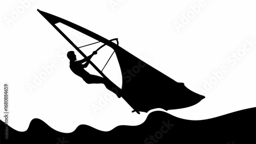 Silhouette of a windsurfer on the water with a large sail against a white background in black and white