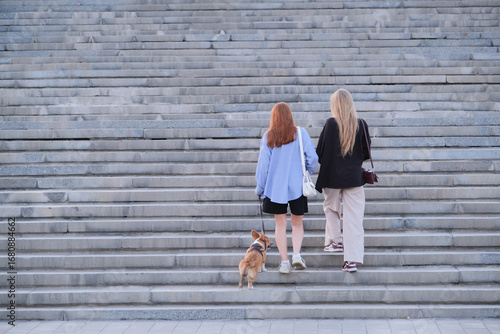 two female friends walking corgi dog in the city street, up the stairs