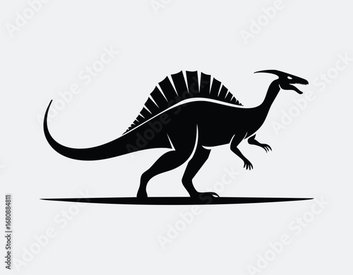 Spinosaurus Dinosaur Animal Vector Logo in Black and White, Minimalist and Simple Design, Perfect for Wildlife Branding, Nature Illustration, and Unique Animal Identity

