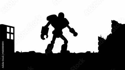 Silhouette of a robot standing amidst ruins with a building in the background in black and white style