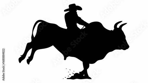Silhouette of a cowboy riding a bull in a rodeo event against a white background in a black and white image