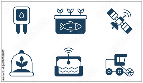 Smart Farming & AgriTech Icon Set – Soil Sensors, Hydroponics, Satellite Monitoring & Autonomous Machinery in Minimal Vector Style