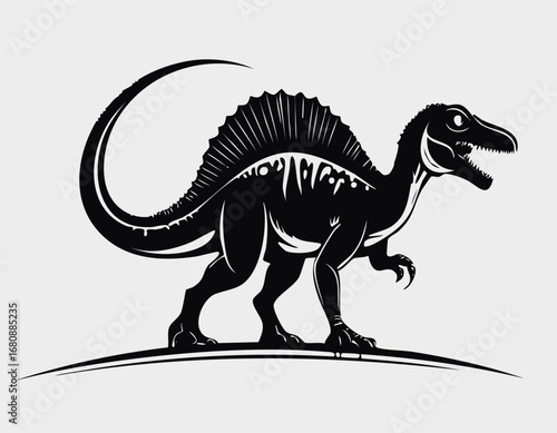 Spinosaurus Dinosaur Animal Vector Logo in Black and White, Minimalist and Simple Design, Perfect for Wildlife Branding, Nature Illustration, and Unique Animal Identity
