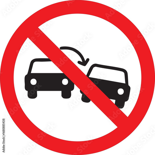 no overtaking allowed prohibition traffic sign vector illustration with car symbols inside red circle and diagonal slash for restriction road safety and driving regulation notice