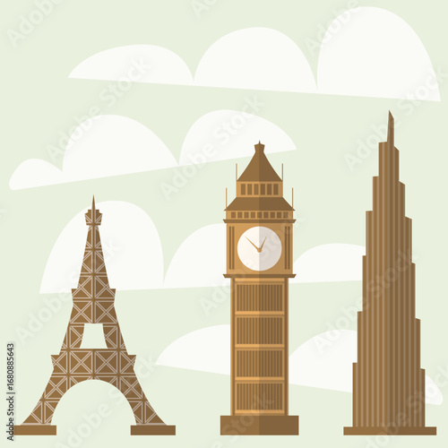 Flat vector illustration of famous landmarks: Paris, London, and Dubai. Minimal travel design for posters, apps, blogs, and educational content.