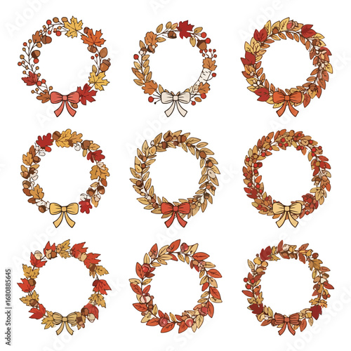 Collection of nine decorative autumn wreaths with fall leaves and bows