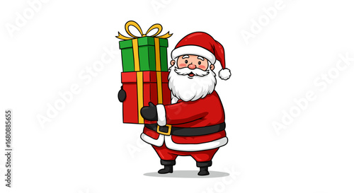 Jolly Santa Claus carrying stack of Christmas gifts.