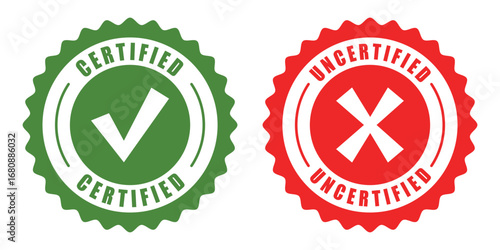 Green certified seal with checkmark and red rejected seal with cross symbol pair