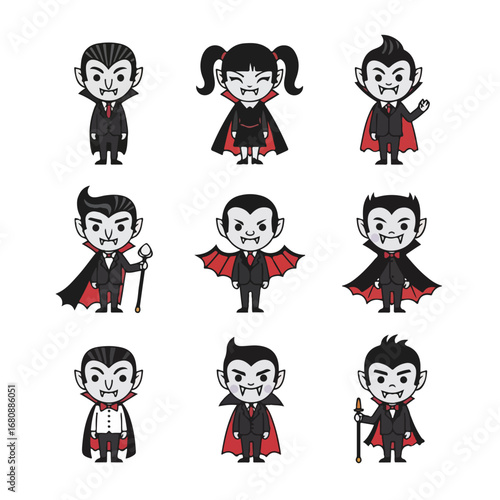 Collection of cute cartoon vampire characters in various poses for halloween