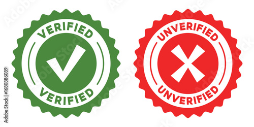 Green verified checkmark badge and red unverified x mark stamp icons graphic set