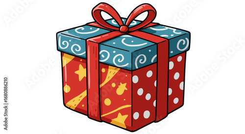 Red and Blue Gift Box with Red Ribbon.