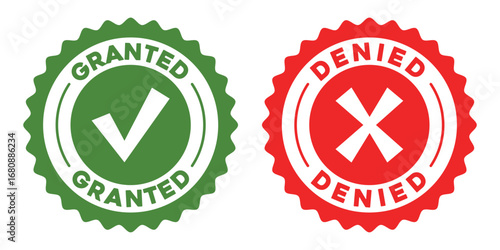 Green granted checkmark and red denied x symbols seal badges for approval and rejection