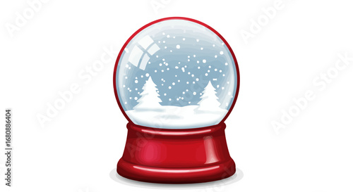 Red snow globe with winter scene and snowflakes.
