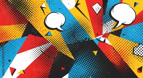 Vibrant pop art comic book background with empty speech bubbles and halftone effects.