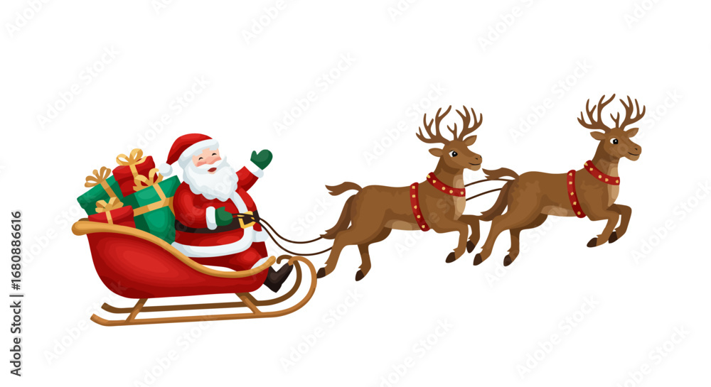 Fototapeta premium Santa Claus in a sleigh with reindeer and gifts 1.