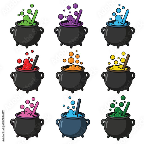 Collection of nine cartoon cauldrons filled with colorful bubbling potions and stirring sticks