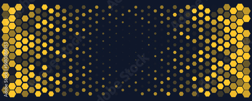 Hexagon Background Glowing Honeycomb Pattern In Yellow Blue Colors for AI, Tech Digital Forum and Conference Ad Presentation. Hexagonal Modern Texture. Halftone Gradient Backdrop. Vector Abstract BG