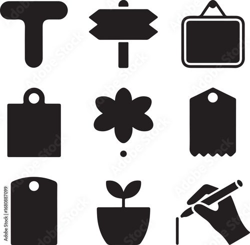 price, tag, label, collection, craft, supply, signpost, direction, flowerpot, writing, simple, solid, black, icon, set, vector