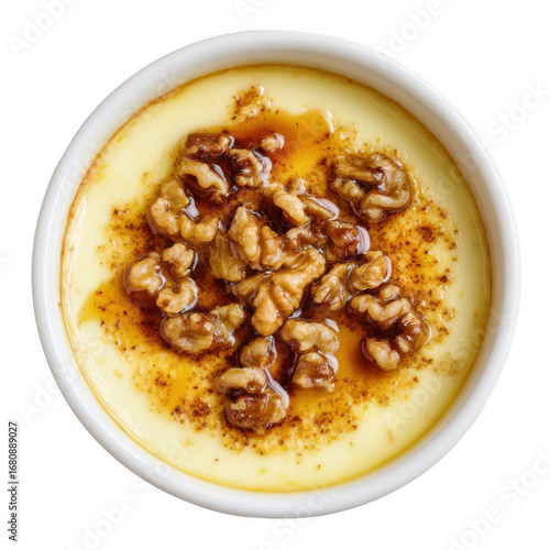  Bowl of custard with caramel and walnuts [Transparent Background PNG].