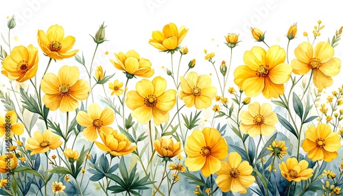 Vibrant yellow flowers in a lush, detailed botanical illustration.