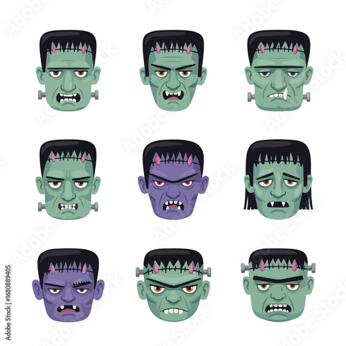 Collection of nine cartoon frankenstein monster heads with varying expressions and colors
