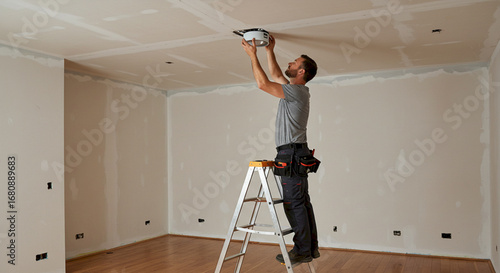 Man installing ceiling light fixture while standing on ladder indoors  