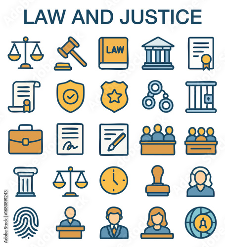 Law and Justice Icon Set – Flat Legal Icons for Courts, Lawyers, Police & Legal Documents