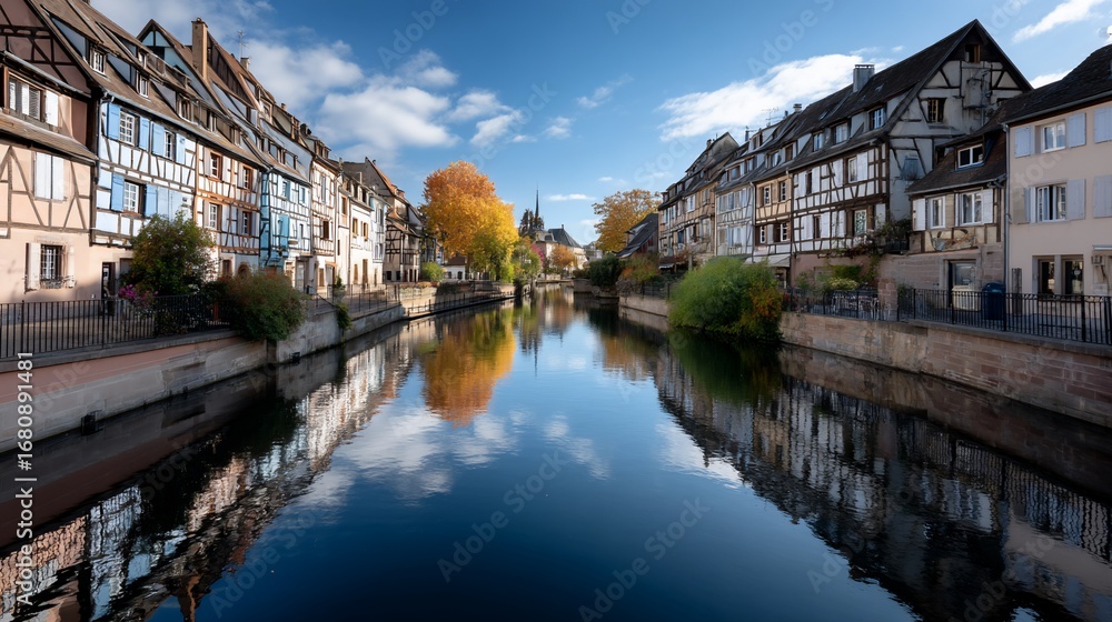 Obraz premium Picturesque canal in a historic European city, autumn colors reflected in water. Charming buildings line the waterway, with a beautiful, mirrored reflection