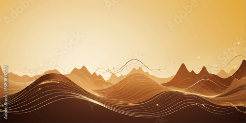 Abstract vector illustration of a desert landscape at sunset with orange sand and a sun silhouette over the mountains