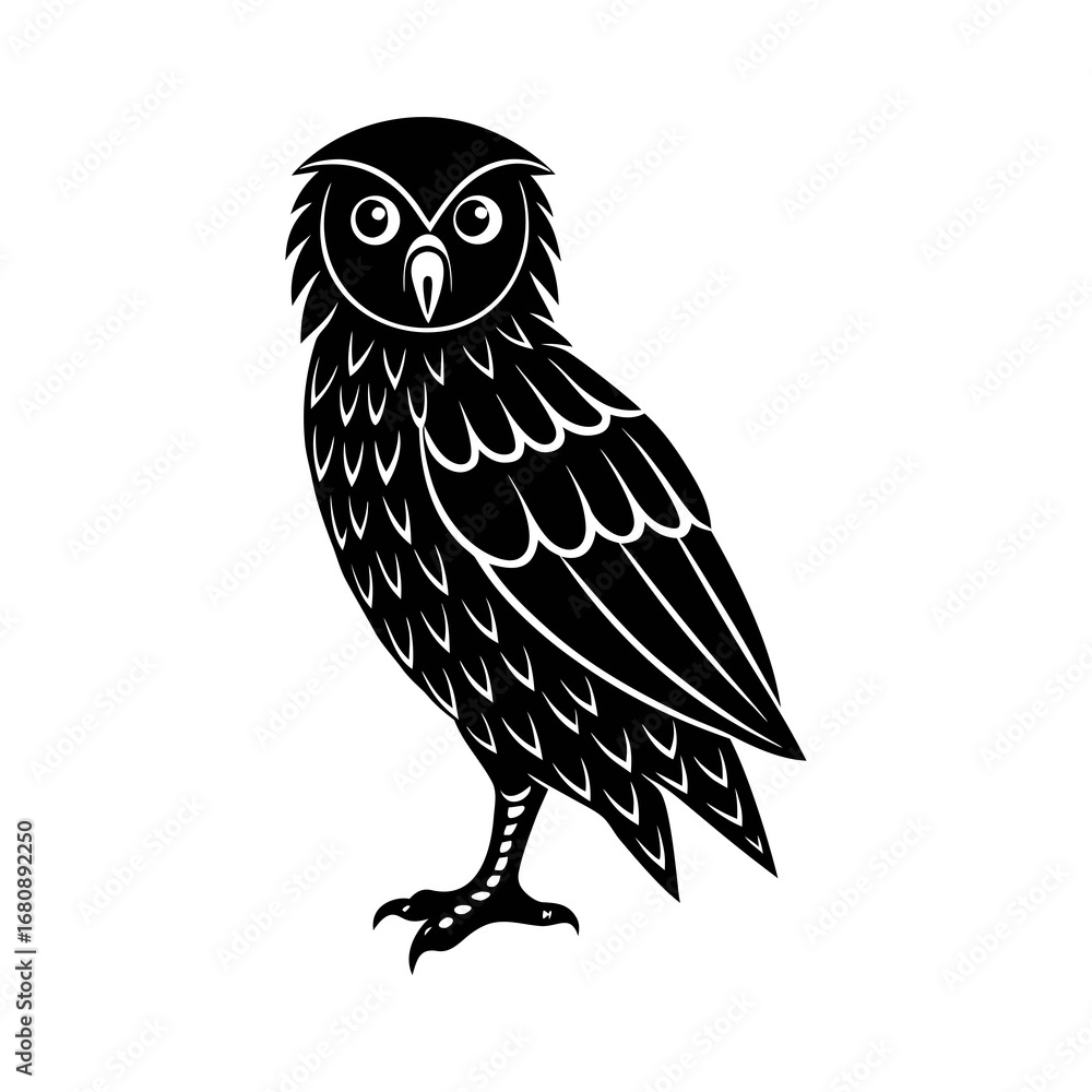 Obraz premium Black silhouette of an owl with detailed feathers on white