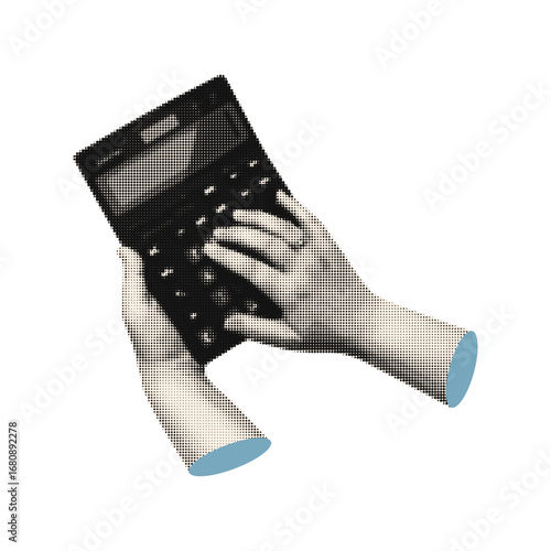 Hand with the calculator for collage. Grunge punk Trendy retro vector illustration for poster, print, banner.
