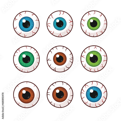 Collection of nine cartoon eyeballs with different colored irises and visible blood vessels on a white background